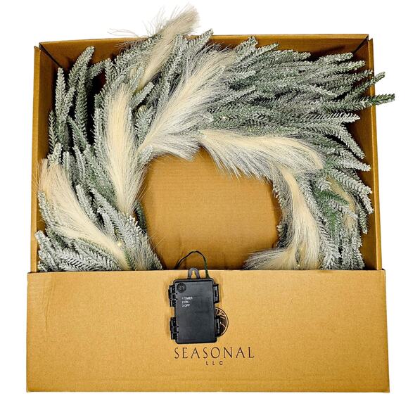 Seasonal LLC Prelit Christmas Pine Pampas Wreath 26 Inch LED Lights 400 Branches - Picture 2 of 4